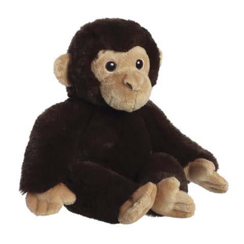 Plüschaffe mit braunem Fell und beigen Akzenten, sitzt aufrecht mit großen, runden Augen und einem neutralen Ausdruck.