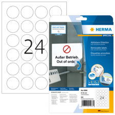 Runde, ablösbare Etiketten auf einem Blisterpack, mit der Aufschrift "Außer Betrieb" und der Nummer 24.