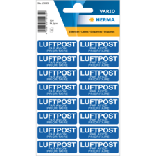 Blatt mit Aufklebern für Luftpost, beschriftet mit "LUFTPOST PAR AVION PRIORITAIRE" in blauer Schrift auf weißem Hintergrund.