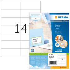 Etikettenpackung mit 14 selbstklebenden Etiketten, inklusive Beispiel für die Verwendung und Hinweis auf kostenlose Software.