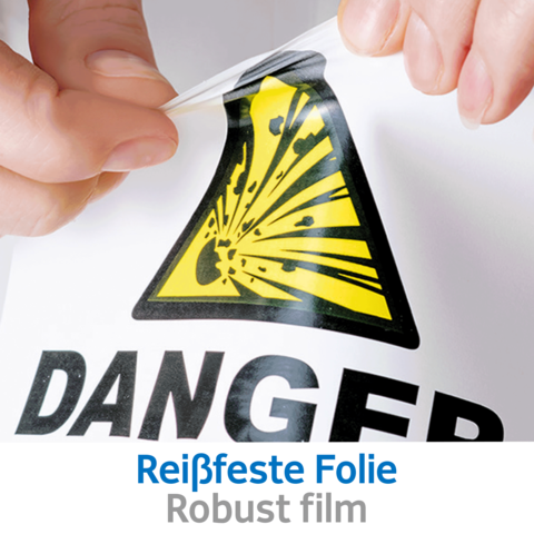 Warnschild mit gelbem Gefahrensymbol und dem Wort "DANGER". Text darunter: "Reißfeste Folie, Robuster Film".