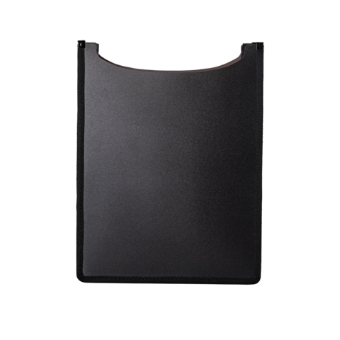 Schwarze, flache Oberfläche mit abgerundeten Ecken, möglicherweise ein Teil eines Gehäuses oder einer Halterung.