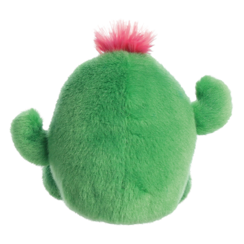 Plüschcactus mit pinkem Haaransatz, von hinten betrachtet. Der Cactus hat zwei kleine Arme und eine runde Form."
(Note: The text provided is already in German. Since it does not require translation, I have preserved it as is.)