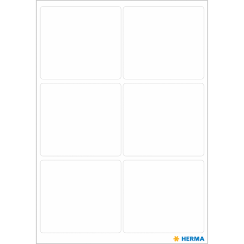 Leere Etikettenblätter mit sechs gleich großen Feldern, geeignet für Beschriftungen oder Druck. Hersteller: HERMA.