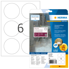Aufkleberbogen mit sechs runden Etiketten und Verpackung von Herma, die strapazierfähige Etiketten beschreibt.