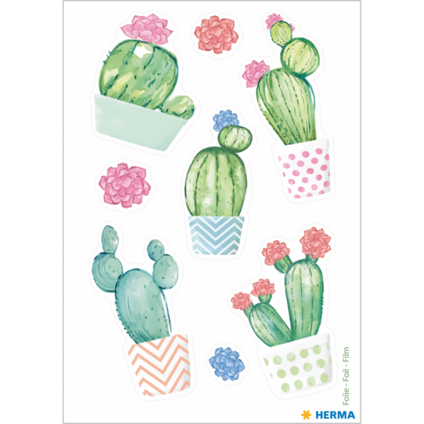 Bunte Aufkleber von Kakteen in verschiedenen Töpfen, umgeben von rosa Blumen. Enthält mehrere Designs und Farben.