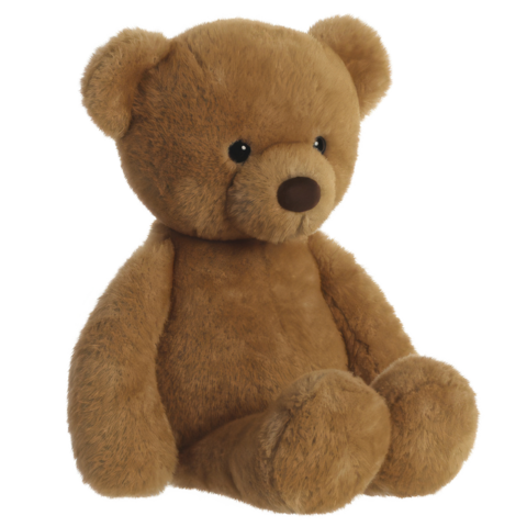 Ein brauner Teddybär mit runden Ohren und einem freundlichen Gesicht, sitzt aufrecht mit einem weichen, plüschigen Körper.