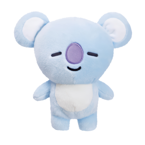 Kuscheltier in Form eines blauen Koalas mit geschlossenen Augen und einem lächelnden Gesichtsausdruck.