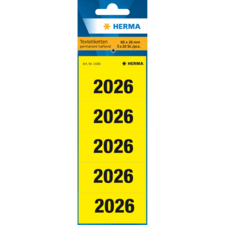 Gelbe Etiketten mit schwarzem Text, beschriftet mit "2026", in einer Packung mit fünf Bögen à 20 Stück.