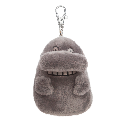 Graues Plüschspielzeug mit einem breiten Grinsen und großen Augen, ausgestattet mit einem Clip zum Befestigen.