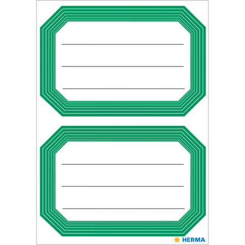 Zwei rechteckige Etiketten mit grünen, gestreiften Rändern und leeren Linien zum Beschriften.