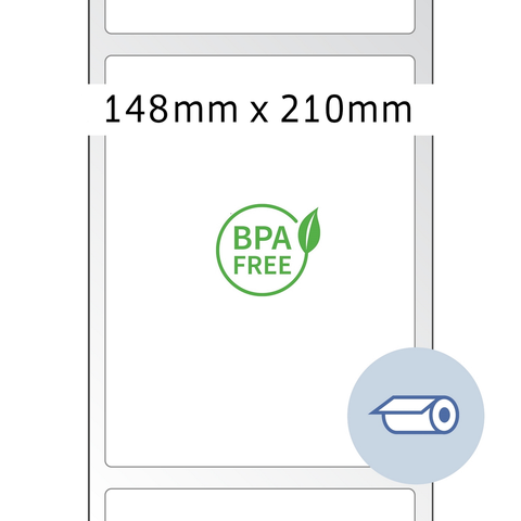 BPA-freies Etikett mit den Maßen 148 mm x 210 mm, grafische Darstellung eines Rollenetiketts.