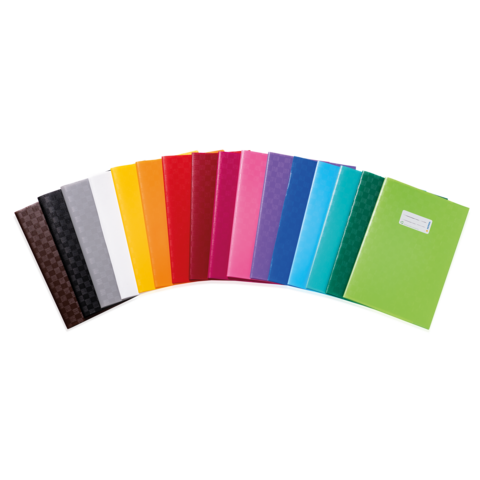 Bunte Ordner in verschiedenen Farben, angeordnet in einer Reihe, darunter Schwarz, Weiß, Gelb, Rot, Pink, Blau und Grün.