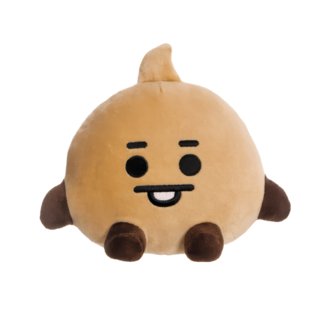 Runder, brauner Plüschcharakter mit einem lächelnden Gesicht und kleinen, dunklen Füßen.