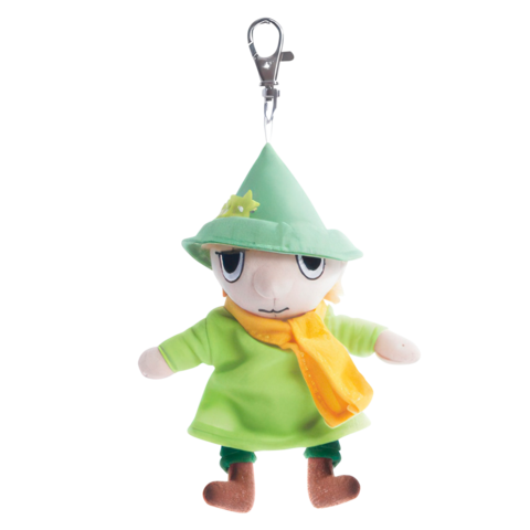 Plüschfigur eines Charakters mit grünem Hut, grüner Kleidung und orangefarbener Schal, befestigt an einem Schlüsselring.