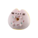 Kuscheltier in Form einer Katze, die einen Donut mit bunten Streuseln hält. Weiche, runde Form mit freundlichem Gesicht.