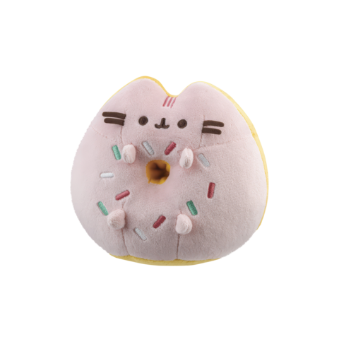 Kuscheltier in Form einer Katze, die einen Donut mit bunten Streuseln hält. Weiche, runde Form mit freundlichem Gesicht.