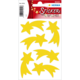 Gelbe Aufkleber in Form von Sternen und Kometen auf einer Verpackung, geeignet für Bastelprojekte.