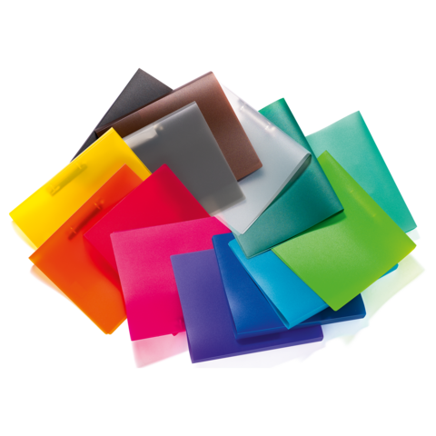 Bunte, transparente Ordner in verschiedenen Farben, übereinander gestapelt, zeigen eine Vielzahl von Optionen für die Aufbewahrung von Dokumenten.