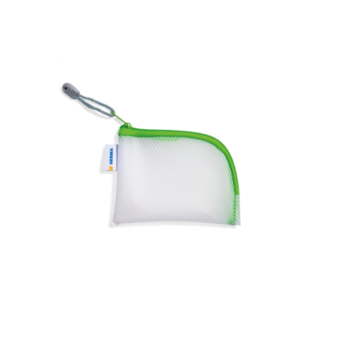 Kleine, grüne und weiße Tasche mit Reißverschluss, geeignet für die Aufbewahrung von Kleinigkeiten oder Zubehör.