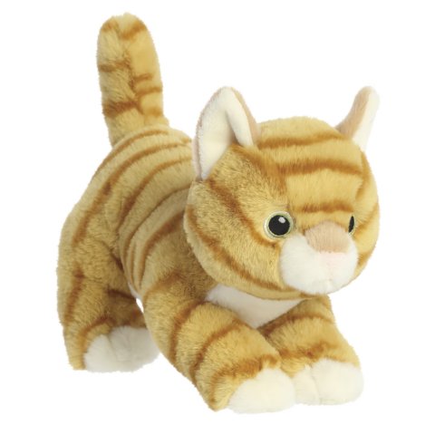 Stofftier einer gestreiften Katze in einer spielerischen Pose, mit großen Augen und weichem Fell.