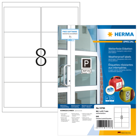 Wetterfeste Etiketten von Herma, inklusive Anweisungen zur Nutzung von kostenloser Software, auf einer Verpackung mit verschiedenen Etikettenformaten.