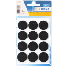 Schwarze Filzgleiter in einer Verpackung mit 12 runden Pads, Durchmesser 22 mm, geeignet für Möbel oder Bastelprojekte.