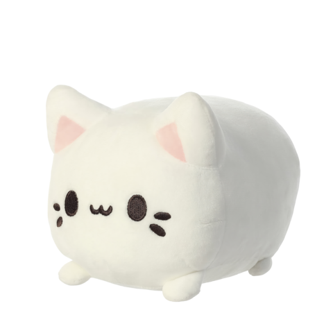 Kuscheliges, weißes Kätzchen-Plüschtier mit runden Formen, großen Augen und kleinen Ohren.