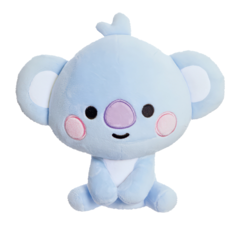 Ein niedlicher, blauer Plüschkoala mit großen Ohren und einem freundlichen Gesichtsausdruck, sitzt aufrecht.