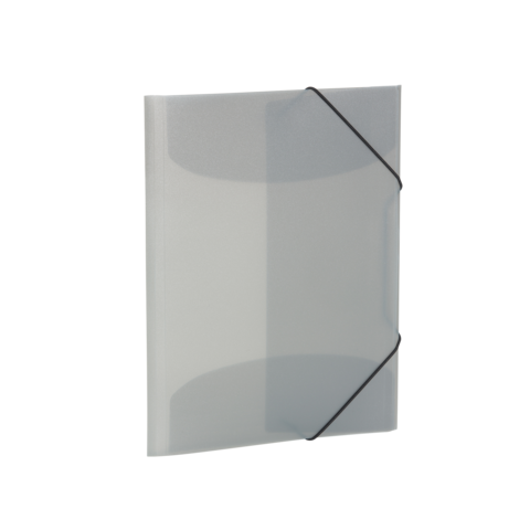 Graue Klarsichthülle mit schwarzem Gummiband, geeignet zur Aufbewahrung von Dokumenten oder Unterlagen.