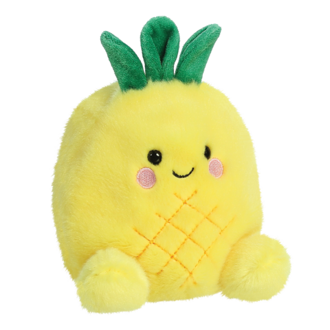 Kuscheliges, gelbes Ananas-Plüschtier mit grünen Blättern und einem lächelnden Gesicht.