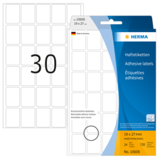 Haftetiketten von Herma, 19 x 27 mm, 720 Stück, ablösbar, ohne Rückstände, auf Verpackung mit Produktnummer 10608.