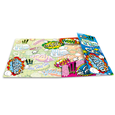 Bunte Spielmatte mit Comic-ähnlichen Ausdrücken wie "BANG!", "WOW!" und "NON!", die in verschiedenen Farben und Schriftarten gestaltet sind.