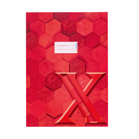 Rotes Heft mit hexagonalem Muster und einem großen, hervorgehobenen Buchstaben "X" auf der Vorderseite. Ein Etikett ist ebenfalls sichtbar.