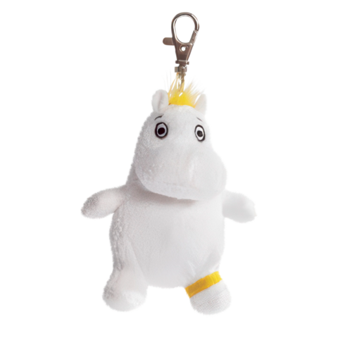 Plüsch-Einhorn mit gelber Mähne und Clip, in Weiß gehalten, mit großen Augen und einem gelben Band um den Bauch.