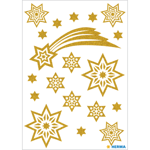 Goldene Sterne und ein Komet auf weißem Hintergrund, verschiedene Größen und Formen der Sterne sind angeordnet.