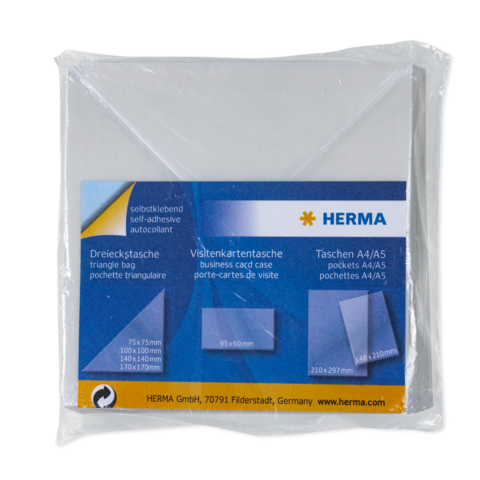 Selbstklebende Taschen in verschiedenen Größen für Visitenkarten und Dokumente, verpackt in einer transparenten Folie.