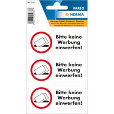 Aufkleber mit der Aufschrift "Bitte keine Werbung einwerfen!" in rotem Kreis, drei Exemplare auf einem Blatt.