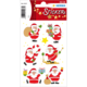 Sechs verschiedene Weihnachtsmann-Sticker, die Geschenke, Süßigkeiten und festliche Aktivitäten darstellen, auf einem bunten Hintergrund.