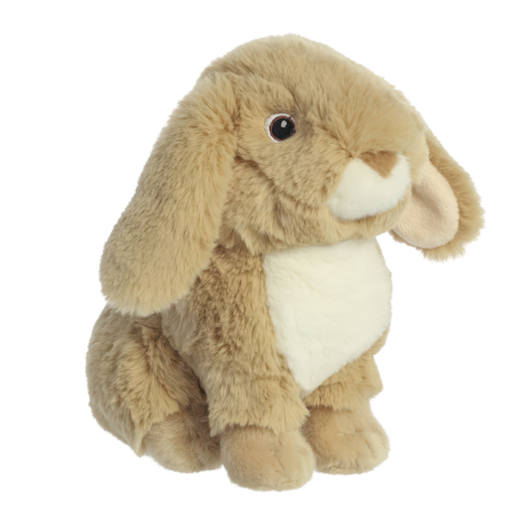Ein plüschiger, brauner Hase mit langen Ohren und einem weißen Bauch sitzt aufrecht.