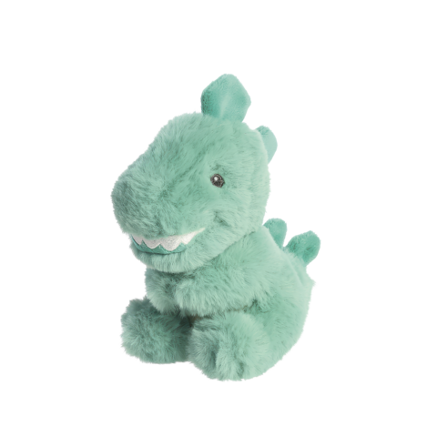 Grünes Plüschdinosaurier mit lächelndem Gesicht und kleinen Ohren, sitzt aufrecht mit einem weichen, kuscheligen Körper.