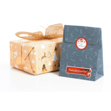 Geschenkpaket mit goldener Schleife und weihnachtlichem Motiv, daneben eine dunkelblaue Tüte mit dem Aufdruck „Frohe Weihnachten“.