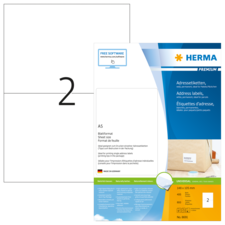 A5 Adressetiketten von HERMA, inklusive Softwarehinweis und Produktdetails, auf einer Verpackung abgebildet.