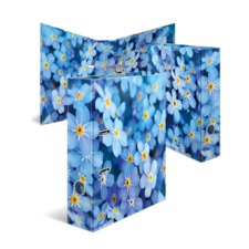 Bunte Ordner mit einem floralen Muster aus blauen und gelben Blumen auf einer hellen Hintergrundfläche.