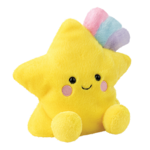 Gelbes, kuscheliges Stern-Kissen mit einem lächelnden Gesicht und bunten, weichen Fransen auf der Oberseite.