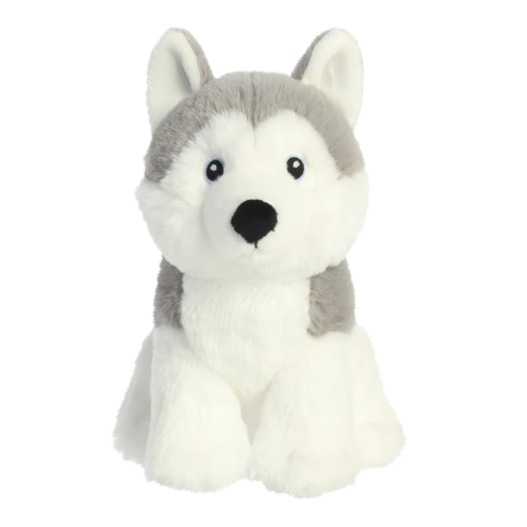 Plüschwolf mit grauem und weißem Fell, großen Augen und einem freundlichen Gesichtsausdruck, sitzt aufrecht.