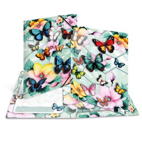 Bunte Schmetterlinge und Blumen auf einem Notizblock und einer Mappe, die ein fröhliches, blumiges Design präsentieren.