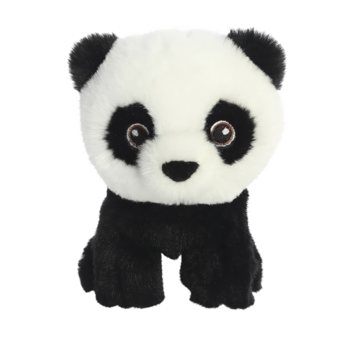 Plüschpanda mit großen, runden Augen und typischem schwarz-weißen Fell, steht aufrecht und hat einen freundlichen Ausdruck.