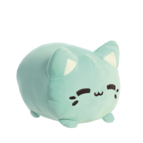 Kuscheliger, mintgrüner Plüschkatze mit runden Formen, kleinen Ohren und einem lächelnden Gesicht.