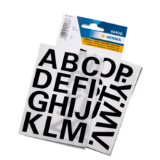 Schwarze Buchstabenaufkleber auf weißem Hintergrund, mit den Buchstaben A bis Z in Großbuchstaben. Verpackung von Herma.
